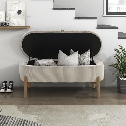 Lexicon Lift Top Storage Bench, Corduroy Upholstered Oval Entryway Bench with Solid Wood Leg Support, Modern Striped Storage Chest for Entryway/Living Room/Bedroom, Taupe