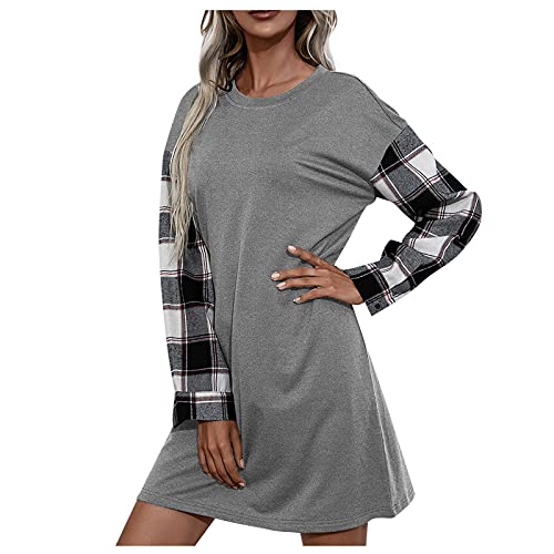 BESSKY Women Fashion Long Sleeve Round Neck Plaid Dresses Loose Mini Dress (Gray)
