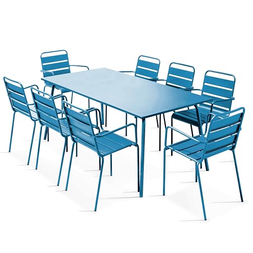 Oviala Ensemble Table de Jardin et 8 fauteuils en métal Bleu Pacific - Palavas