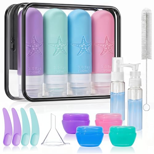 JBYAMUS 18 Pack Travel Bottles for Toiletries - TSA Approved, Triple Leak Proof Silicone Set, 3oz Refillable Travel Essentials Kit for Shampoo, Conditioner, Lotion & More, Pink, BPA Free
