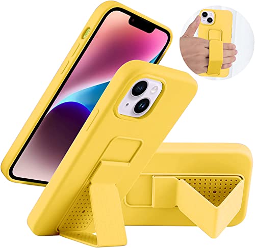 Coque silicone iPhone 14 Plus jaune antichoc avec support de table