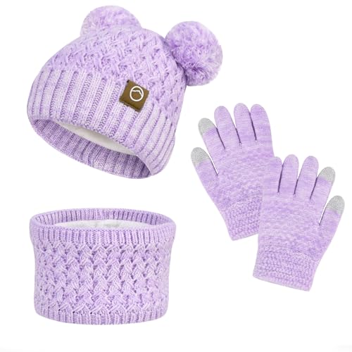 Image of Kids Winter Hat Gloves Scarf Set,Toddler Girls Winter Hat Kids Beanie with Pom Neck Warmer Gaiter Mittens Fleece Lined Set