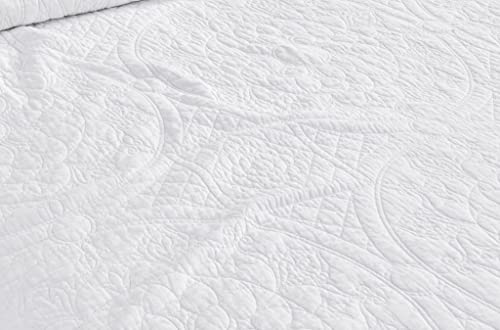 Chezmoi Collection Octavia 3-Piece Floral Medallion Embroidered Bedspread Coverlet Set - All Season Bed Cover Pre-Washed Cotton Quilt Set, Queen Size, White #TOP2
