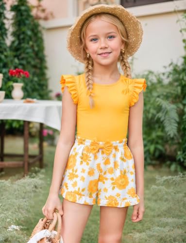 Image of Barlver Girls 2 Piece Short Set Baby Girl Summer Clothes Ruffle Sleeve T-Shirt and Bow Knot Shorts Toddler Girl Outfit Set