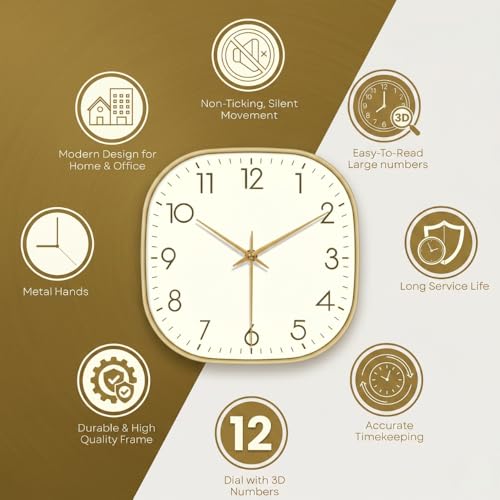 Image of STAR WORK 12 inch Inch Square Silent Non-Ticking Quartz Movement Wall Clock with Analog & Digital Display | Easy-to-Read Numbers | Modern Design for Living Room, Bedroom or Office (White - Gold)