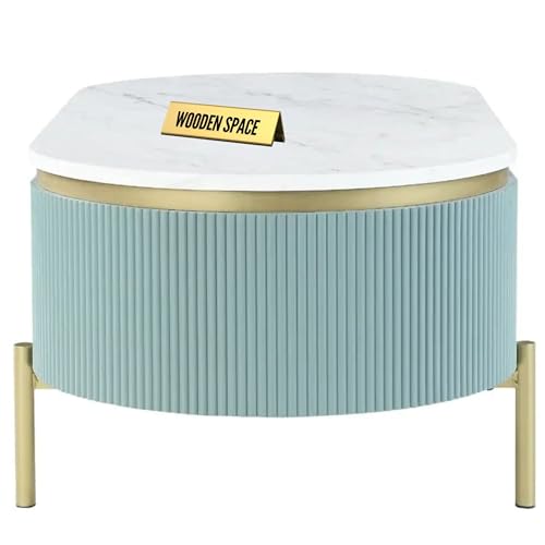 Image of WOODEN SPACE Premium Marble-Top Center Table with Iron Legs | PVD Coated Modern Coffee Table for Living Room & Entryway | 42x24x18 Inches (Sky Blue)