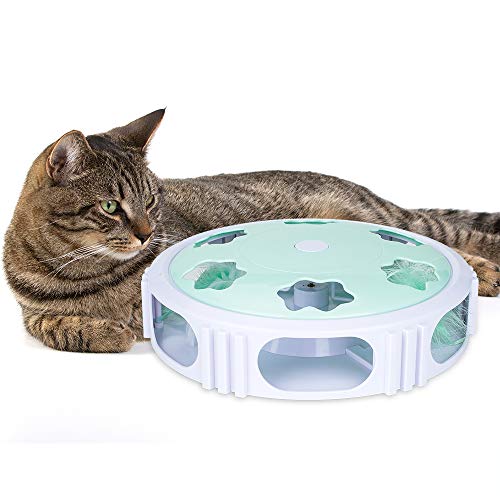 DELOMO Interactive Cat Toy, Automatic Teaser Cat Toy for Your Cat Training, Cat Squeaky Mouse Toy with Feather Bell and LED Light Stimulate Catâ€™s Hunting Instinct, Green