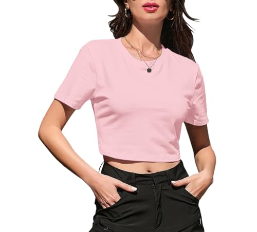 Image of Betusline Girls & Women Basic Summer Short Sleeve Slim Fit T-Shirts Soft Crewneck Crop Y2k Tee Cute Gym Fashion Clothes