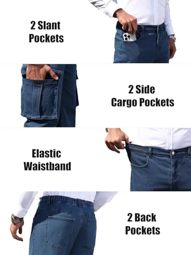 EDITCOZY Men's Cargo Jeans Elastic Waist 6 Pockets Loose Fit Carpenter Jeans Straight Leg Relaxed Fit Pants3