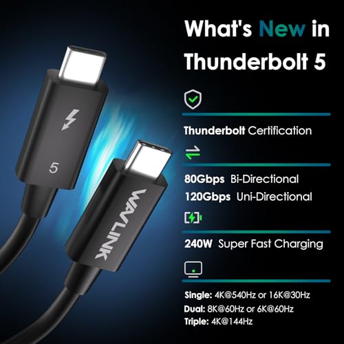 WAVLINK Thunderbolt 5 Cable, 120Gbps Fast Data Transfer and 240W Power Delivery USB-C Cable, 8K/16K Display Support, Backwards Compatible TB4/3/USB4/3, Ideal for Gaming, Laptops, Monitors, Docks-2.6ft by WAVLINK - Image 2