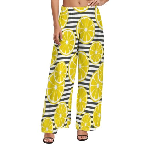 VOSERY Palazzo Pants for Women - Yellow Lemon Print Comfy Casual Womens Wide Leg Pants Baggy Lounge Pants
