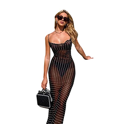 Image of Suillty Women Mesh Sheer Spaghetti Strap Long Maxi Dress Sexy Sleeveless Backless Beach Swimsuit Cover Ups Party Club Dresses Black