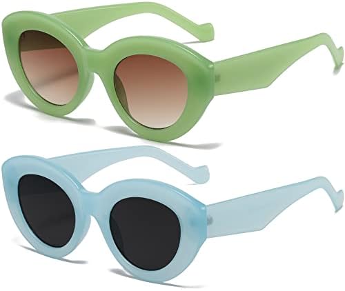 AIEYEZO Oversized Cat Eye Sunglasses for Women Cute Oval Thick Frame Cateye Sun Glasses Chic Retro Style Shades (Green + Blue)