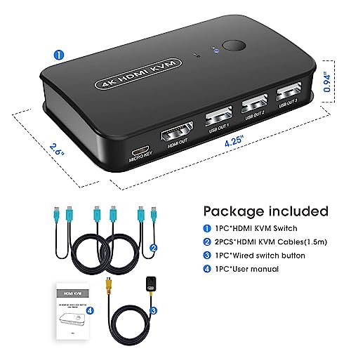 4K Kvm Switch Hdmi 2 Port Box, Usb And Hdmi Switch For 2 Computers Share Keyboard Mouse Printer And One Hd Monitor, Support Uhd 4K@30Hz, With Remote Controller And 2 Kvm Cables #TOP4