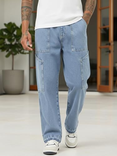 Image of Bewakoof Men's Washed Straight Fit Pure Cotton Cargo Jeans