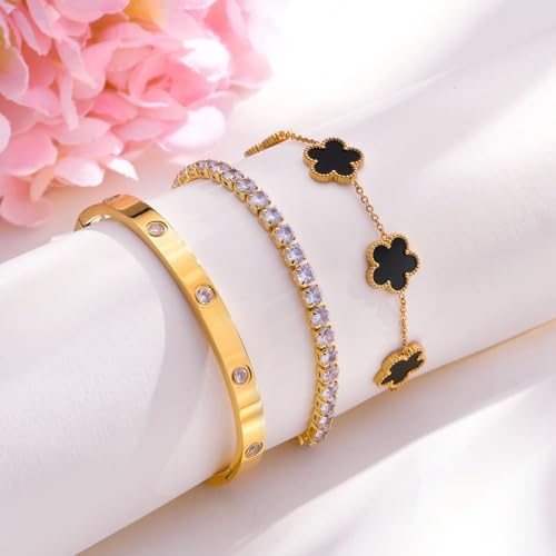 Womens Stackable Floral Gold Bracelets - 3Pcs 18K Gold Plated Bracelet,Stainless Steel Bangle Bracelets Non Tarnish, Gold Bracelet Set Trendy Jewelry,Christmas Valentines Birthday Gifts for Girlfriend - Image 5