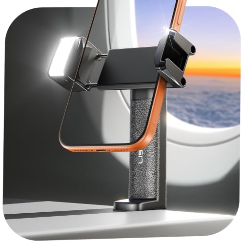 LISEN Airplane Phone Holder with Light, Universal Phone Mount for Desk, 360 and 180 Degree Tilt Adjustable Clamp Holder with Cold Shoe, 1/4 Inch Screw Mount - image 1