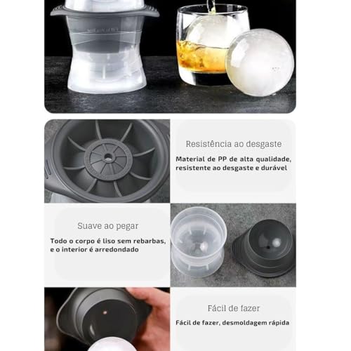 Combo 4 Formas De Gelo Redonda Esfera Grande 8CM Para Drink Whisky Coquetel Tampa Silicone Molde Bol