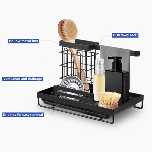 Simup Sink Caddy Sponge Holder for Kitchen,Sink Storage Rack,Dish Cloth Rack,Detachable Brush Holder with Removable Drip Tray for Countertop,Black - Image 2