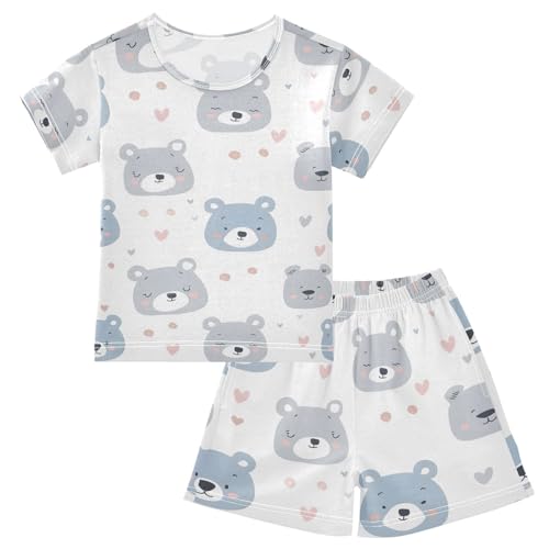 ALAZA Cute Bear Love Heart Pajamas Short Sleeve 2 Piece Sleepwear Top and Bottom Pajama Set Unisex