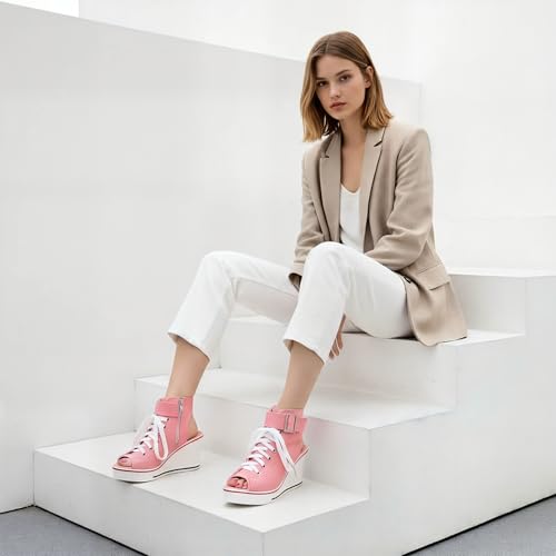 Image of OCHENTA Women's Peep Toe Wedge Sneakers Canvas Platform Shoes Side Zipper Lace up Buckle Fashion Sneakers Walking Shoes