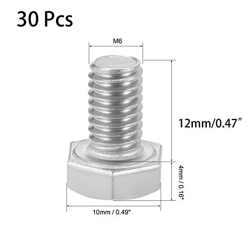Image of 30 Pcs M6 Hex Bolt M6-1 x 12mm UNC Hex Head Screw Bolts A2-70(304) Stainless Steel Fully Threaded Hex Tap Bolts,Plain Finish,Fully Threaded (M6 x 12mm)
