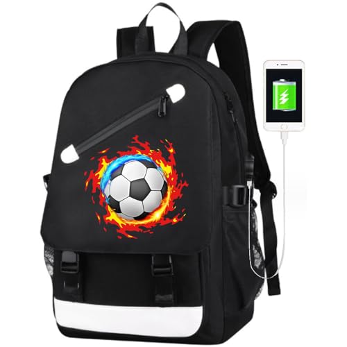 FLYMEI Anime Backpack for Boys 15.6'' Laptop Backpack with USB Charging Port Bookbag for School with Anti-Theft Lock Black Teens Backpack Cool Backpack for Boys, Soccer Ball