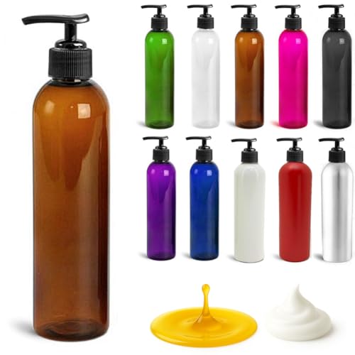 Royal Massage 8 oz Bullet Pump Bottle – Refillable Massage Oil, Lotion, Soap, Shampoo Dispenser – BPA-Free PET with Black Locking Pump – UV-Resistant for Essential Oils (Amber, 1)