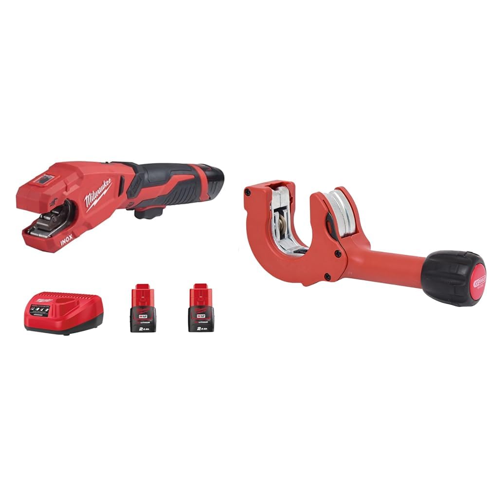 Milwaukee Akku-Rohrschneider M12 PCSS-verschiedene Ausführungen (mit 2x Akku und 1x Ladegerät) & KS Tools 104.5060 Ratschen-Rohrabschneider, 12-35mm
