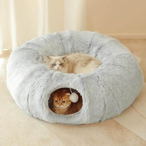 Image of Cat Tunnel,Peekaboo Cat Cave Bed for Indoor Cats Cat Donut Tunnel for Pet Cat House Detachable Round Cat Felt & Washable Interior Cat Play Tunnel (Grey, 32in)