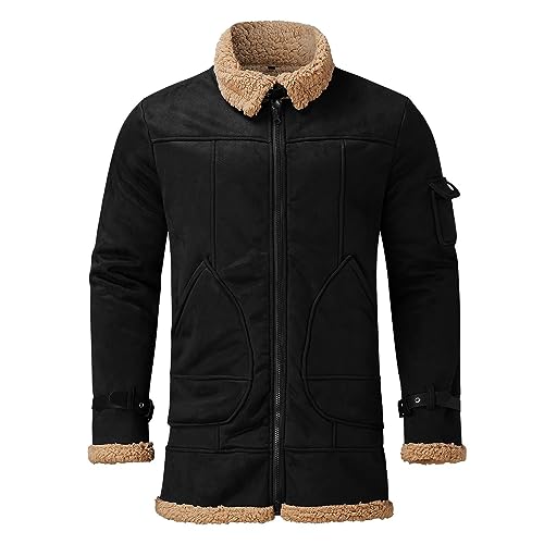 Mmoneyake Mens Sherpa Lined Jacket Suede Leather Zip Up Military Cargo Jacket Warm Trucker Coat Multi-Pocket Parka Jacket3