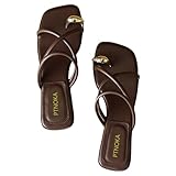 Women's Metal Toe Ring Strappy Flat Sandals Square Open Toe Comfortable Slip-On Low Heel Slide Sandals Summer Fashion Casual Beach Slipper (Brown,10)