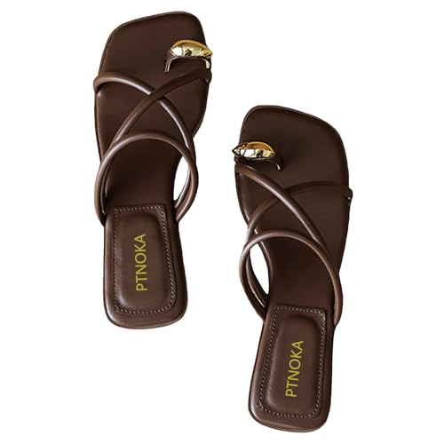 Women's Metal Toe Ring Strappy Flat Sandals Square Open Toe Comfortable Slip-On Low Heel Slide Sandals Summer Fashion Casual Beach Slipper (Brown,10)