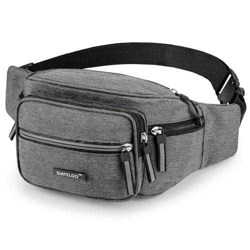 SIATELOO Large Waist Pack for Men & Women, Travel Fanny Bag, Anti-Theft Nylon Belt Bag with 6 Pockets & Reflective Zippers - Crossbody Pack for Gym, Hiking, Festival (Grey)