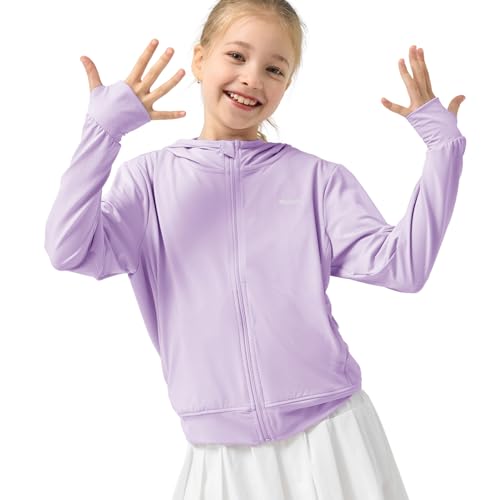 Rolanko Mädchen Sommerjacke mit Daumenlöchern Langarm Sonnenschutz Schnell Trocknend Reißverschluss Hoodie Kinder Rash Guard Tops, Lila, Größe: 150/10-11 Jahre