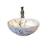 White Bathroom Vessel Sinks for Vanity Top Sink with Flower Bird Pattern|1 Aboe Counter Sink Only|H15cmxD41.5cmxBottom D.22cm