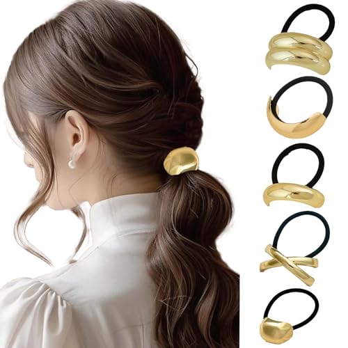 5 Pezzi Elastico per Capelli in Metallo, Elastici Gioiello, Accessori per Capelli a Coda di Cavallo, Elastici Oro Capelli Donna, Accessori Capelli Oro per Ragazze e Donne