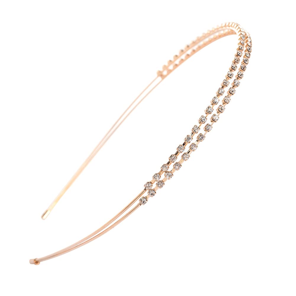 Ruihfas Silver/Rose Gold Tone Double Rows Crystal Rhinestones Fashion Headbands Wedding Party Hair Hoop Band Hairband Headwear for Women (Rose Gold)