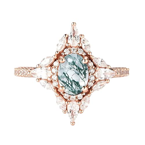 1.5 ct Oval Natural Moss Agate Engagement Ring 10K 14K 18K Rose Gold Promise Ring Women Moissanite Wedding Ring