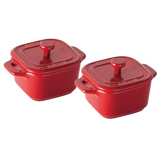 Staub 40511-098 Square Cocotte Pair, Cherry, 3.1 inches (8 cm), Set of 2, Ceramic, Heat Resistant, Storage Container, Microwave Safe