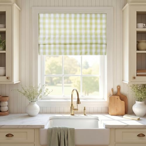 Image of TWOPAGES No Drill Cordless Buffalo Check Roman Shades Roman Blinds for Kitchen Windows, Customized Room Darkening Country Plaid Blinds Farmhouse Shades, Olivine Bordered Plaid, 1 Piece