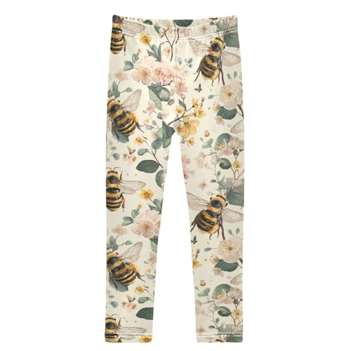 Boccsty Watercolor Flowers Green Leaves Yellow Bees Girls Leggings Kids Yoga Pants Dance Active Tights 4T