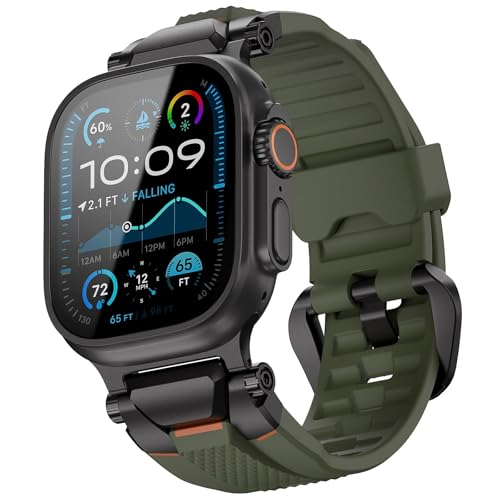 Image of ULTIMAL Rugged Band for Apple Watch Ultra 3 /2 /1 49mm, Series 11 /10 /9 /8 /7 /6 /5 /4 SE 46mm /45mm /44mm, Waterproof, Soft TPU Strap with Stainless Steel Buckle & Connectors, Sweat-Resistant, Easy to Clean, Fits 155-225mm Wrist (Black /green)