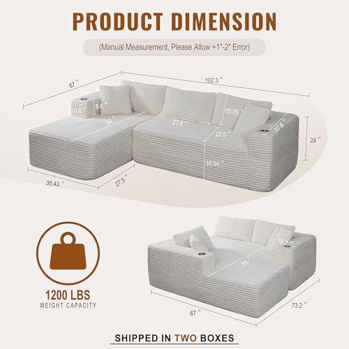 Image of Shintenchi Boneless Couches for Living Room,Modular Sectional Sofa with 2 Cup Holders,Memory Foam Cloud Couch with L Shaped Oversized Chaise,No Assembly Needed Plush Corduroy Sofa,White