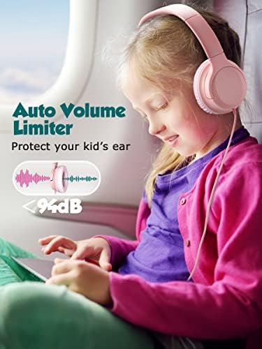 Kids Headphones Wired, Foldable Adjustable Over Ear Headphones, Volume Limiter 94dB, 3.5MM Jack Compatible PC Kindle Smartphones Tablet, Pink Headphones for School Travel Children Girls Boys Adults