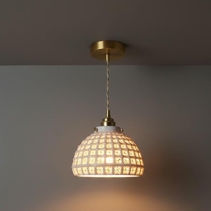 Lámpara colgante de cerámica artesanal, lámpara colgante de porcelana con tejido hueco, lámpara de araña con pantalla de celosía retro, lámpara de techo minimalista para isla de cocina, dormitorio y c
