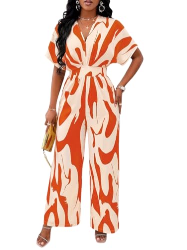 Image of PerZeal Women's V-Neck Short Sleeve Printed Jumpsuit with Pockets - Casual Wide Leg One-Piece Romper for Summer(S-XXL)