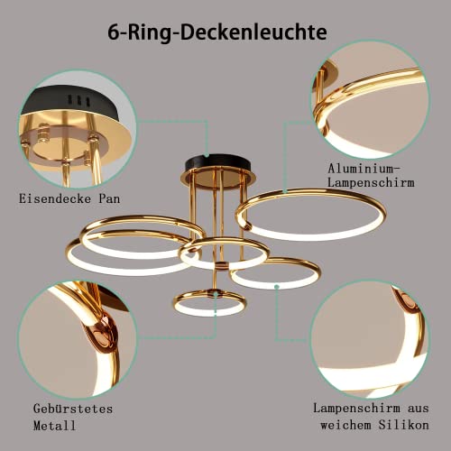 Plafonnier LED moderne anneau dore 140W dimmable avec telecommande