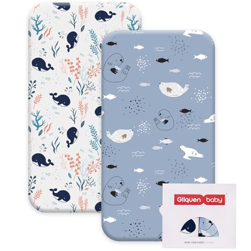 Image of Gllquen Baby Crib Sheets for Boys Girls, Organic Fitted Crib Sheets Elastic Toddler Bed Crib Mattress Sheet Floral Pattern, Standard Safe Crib Sheets for Baby Unisex 52"x 28" x9"(Whale)