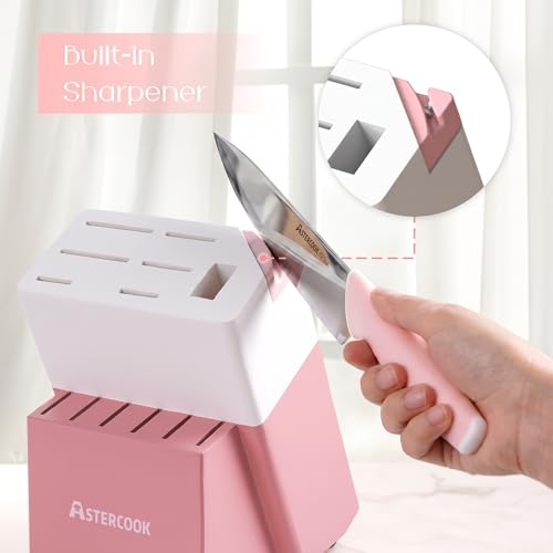 Image of Astercook Knife Set, Kitchen Knives Set with Block and Sharpener 15 Pcs German Stainless Steel Knives Sharp Blade Dishwasher Safe Deba Knives with Ergonomic Handle, Crystal Pink